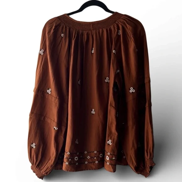 OLD NAVY Floral Embroidered Smocked Tie-Neck Long-Sleeve Blouse XL EUC Boho - Picture 4 of 10